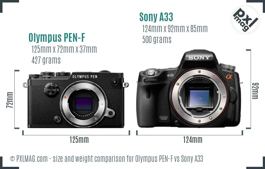 Olympus PEN-F vs Sony A33 size comparison Olympus PEN-F vs Sony A33 size comparison