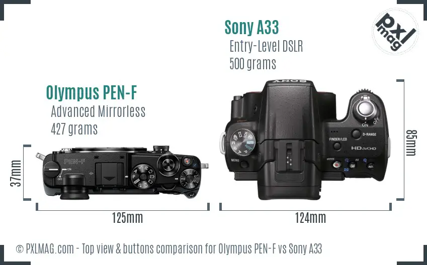 Olympus PEN-F vs Sony A33 top view buttons comparison Olympus PEN-F vs Sony A33 top view buttons comparison