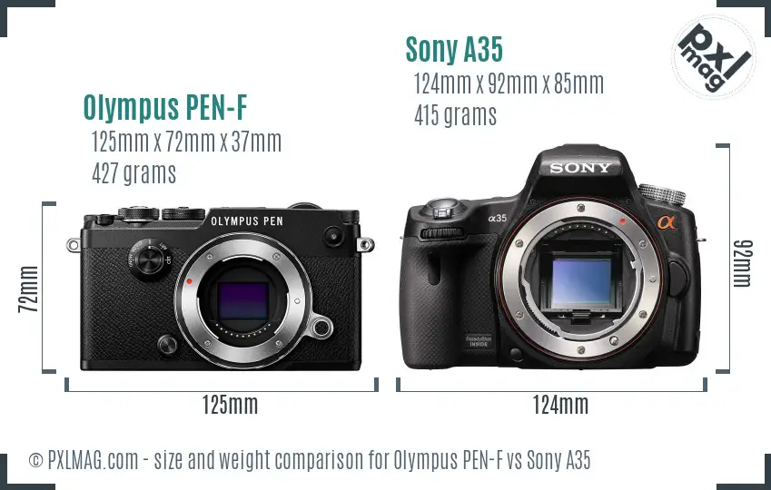 Olympus PEN-F vs Sony A35 size comparison