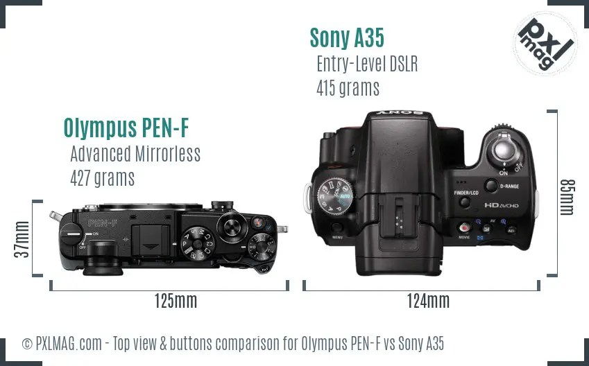 Olympus PEN-F vs Sony A35 top view buttons comparison