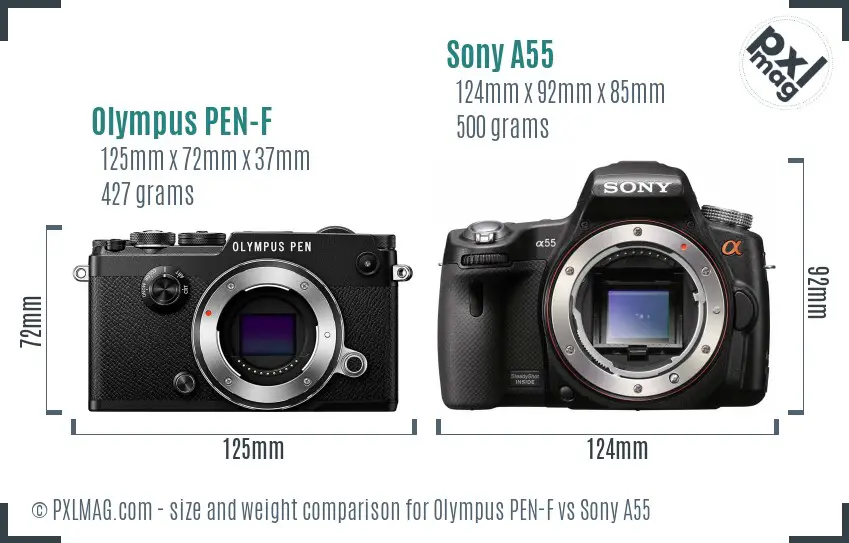 Olympus PEN-F vs Sony A55 size comparison Olympus PEN-F vs Sony A55 size comparison