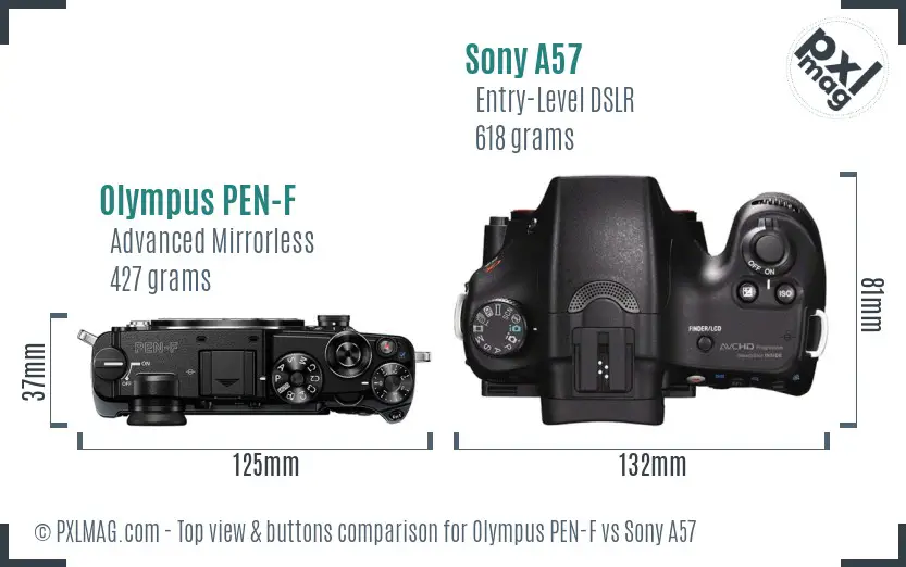 Olympus PEN-F vs Sony A57 top view buttons comparison