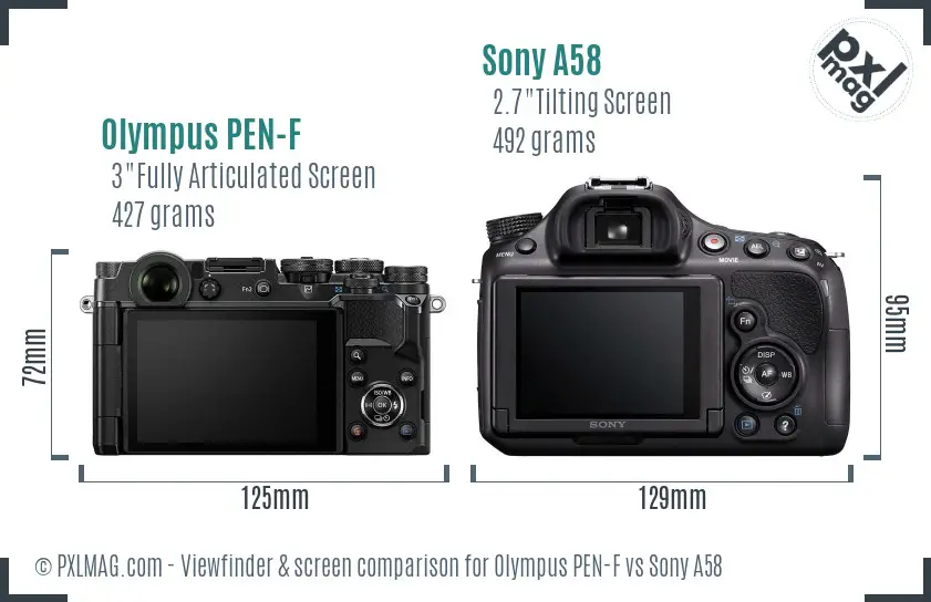 Olympus PEN-F vs Sony A58 Screen and Viewfinder comparison