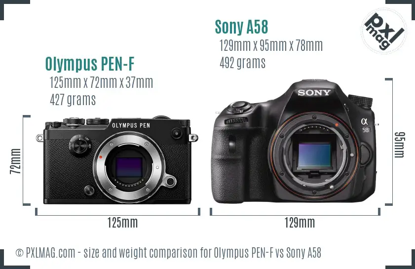 Olympus PEN-F vs Sony A58 size comparison