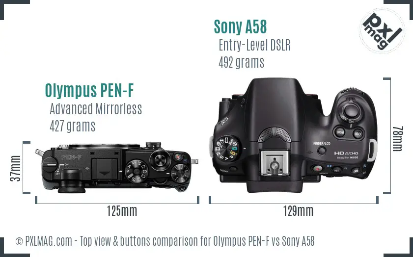 Olympus PEN-F vs Sony A58 top view buttons comparison