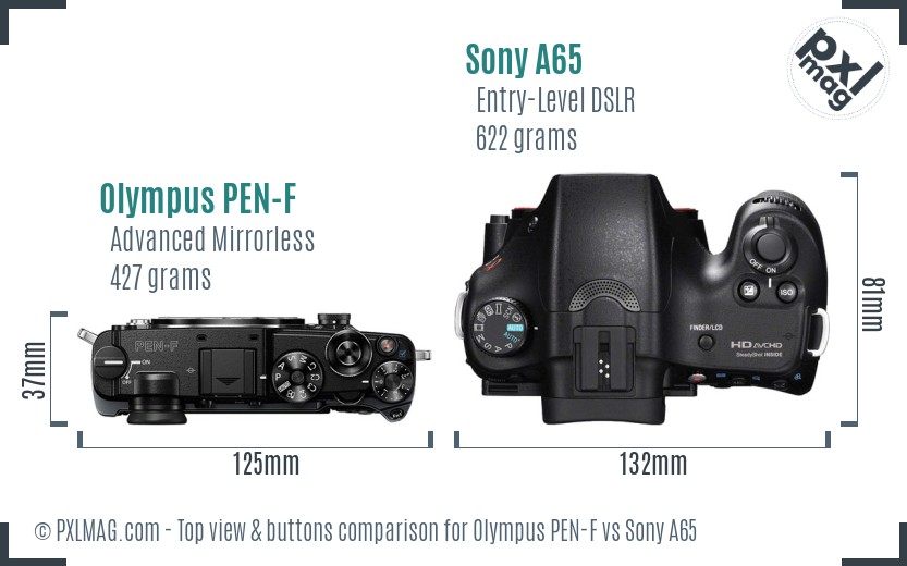 Olympus PEN-F vs Sony A65 top view buttons comparison