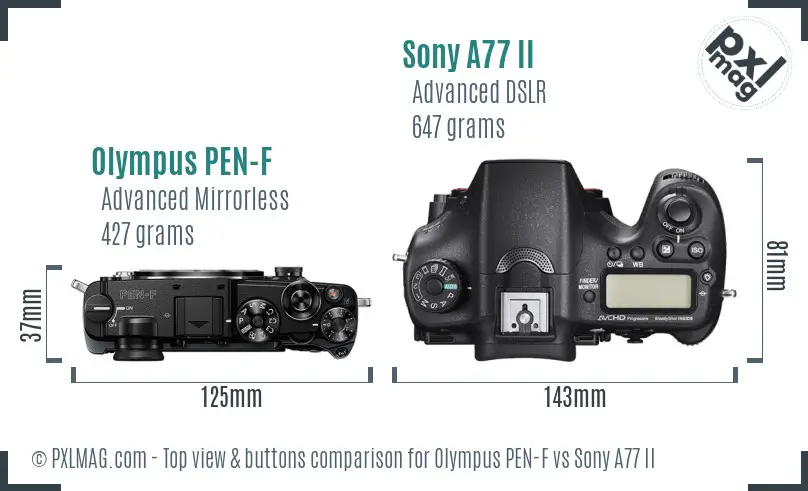 Olympus PEN-F vs Sony A77 II top view buttons comparison