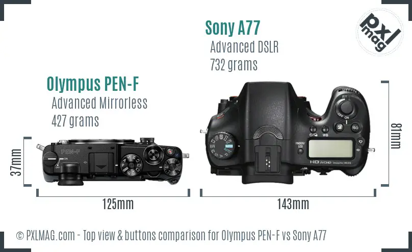 Olympus PEN-F vs Sony A77 top view buttons comparison