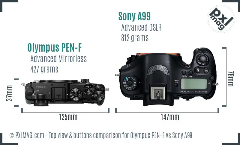 Olympus PEN-F vs Sony A99 top view buttons comparison