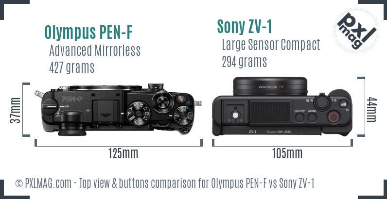 Olympus PEN-F vs Sony ZV-1 top view buttons comparison
