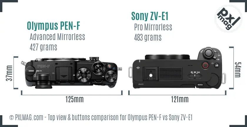 Olympus PEN-F vs Sony ZV-E1 top view buttons comparison