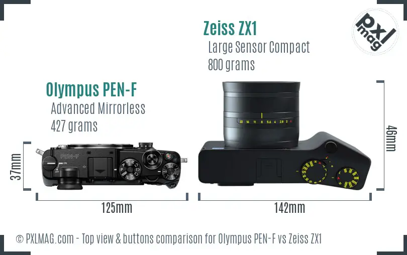 Olympus PEN-F vs Zeiss ZX1 top view buttons comparison