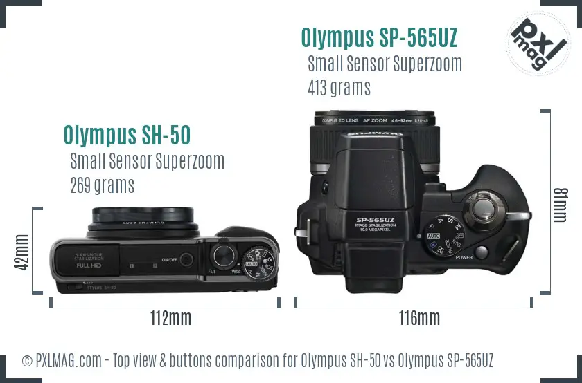 Olympus SH-50 vs Olympus SP-565UZ top view buttons comparison