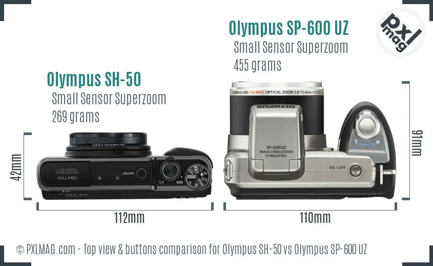 Olympus SH-50 vs Olympus SP-600 UZ top view buttons comparison