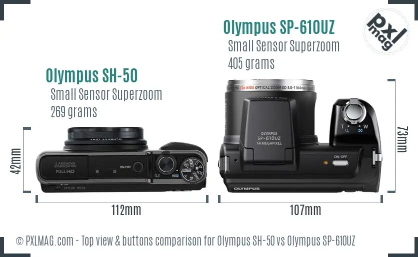 Olympus SH-50 vs Olympus SP-610UZ top view buttons comparison
