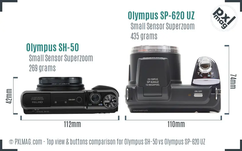 Olympus SH-50 vs Olympus SP-620 UZ top view buttons comparison