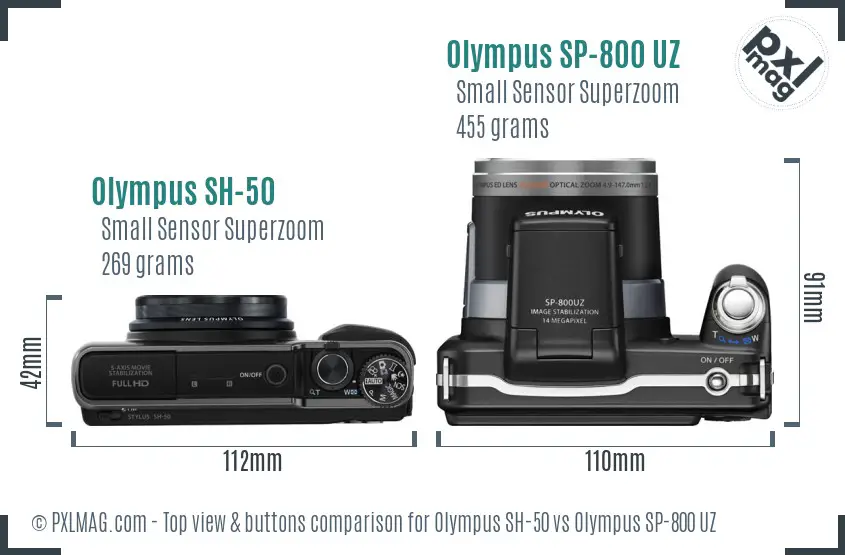 Olympus SH-50 vs Olympus SP-800 UZ top view buttons comparison