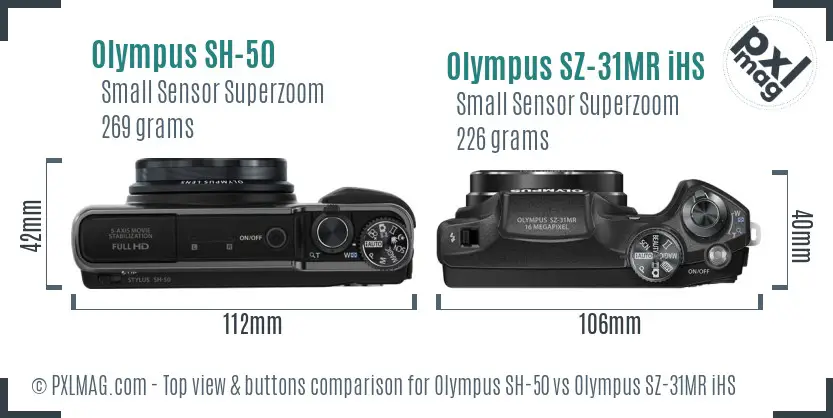 Olympus SH-50 vs Olympus SZ-31MR iHS top view buttons comparison