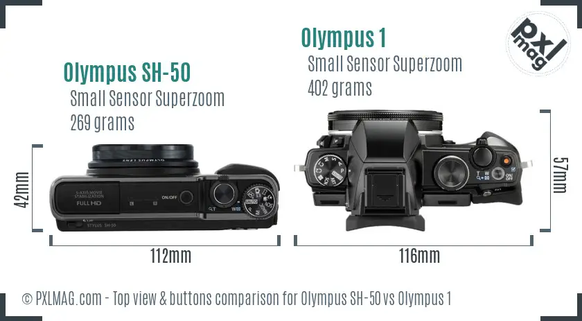 Olympus SH-50 vs Olympus 1 top view buttons comparison