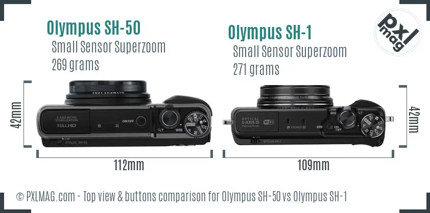Olympus SH-50 vs Olympus SH-1 top view buttons comparison