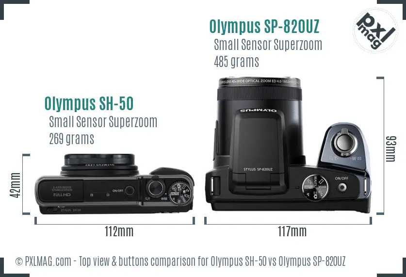 Olympus SH-50 vs Olympus SP-820UZ top view buttons comparison