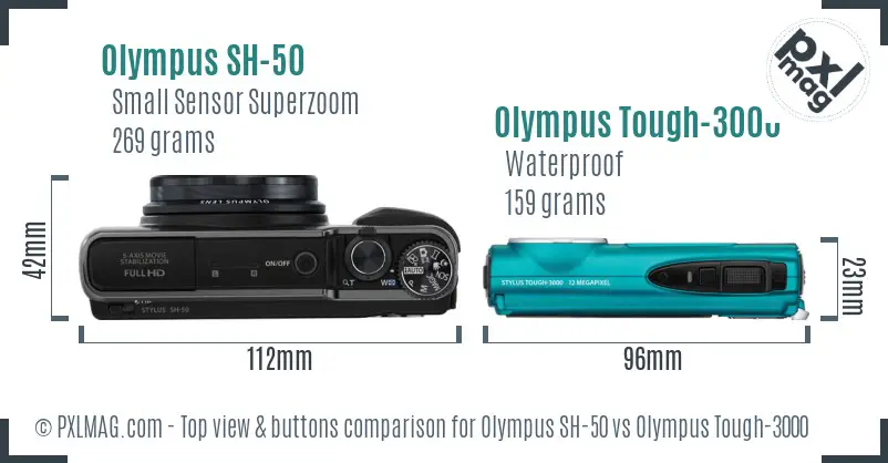 Olympus SH-50 vs Olympus Tough-3000 top view buttons comparison