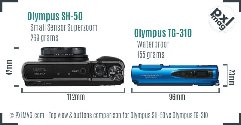 Olympus SH-50 vs Olympus TG-310 top view buttons comparison