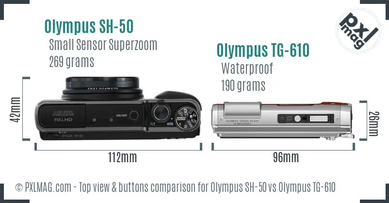 Olympus SH-50 vs Olympus TG-610 top view buttons comparison