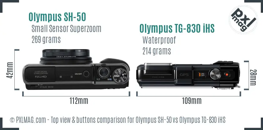 Olympus SH-50 vs Olympus TG-830 iHS top view buttons comparison