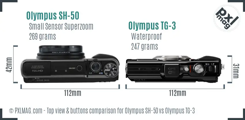 Olympus SH-50 vs Olympus TG-3 top view buttons comparison