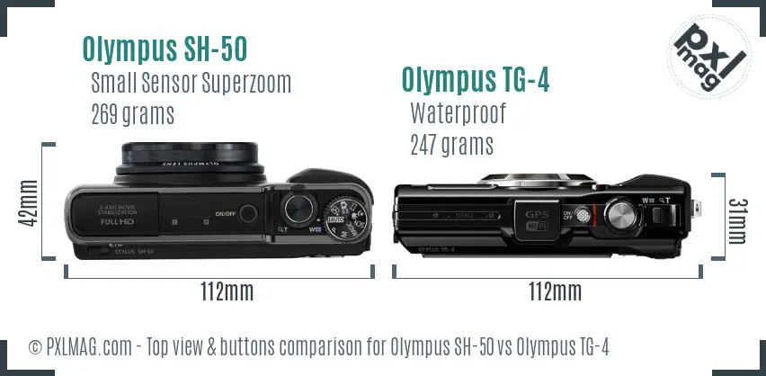 Olympus SH-50 vs Olympus TG-4 top view buttons comparison Olympus SH-50 vs Olympus TG-4 top view buttons comparison