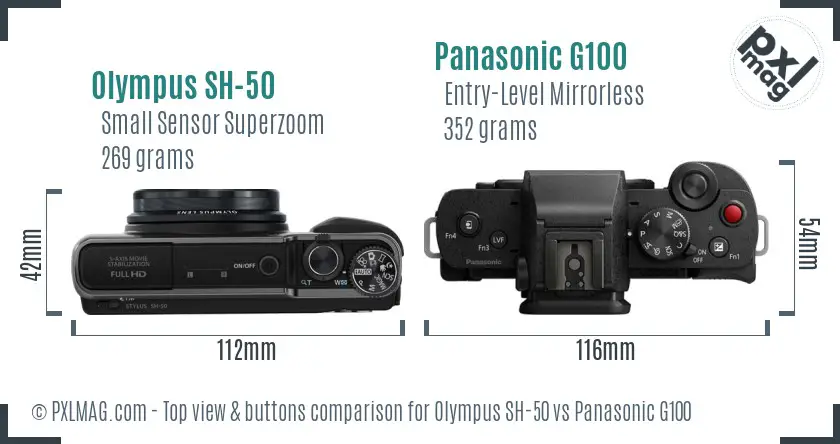 Olympus SH-50 vs Panasonic G100 top view buttons comparison