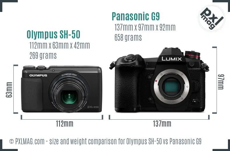 Olympus SH-50 vs Panasonic G9 size comparison