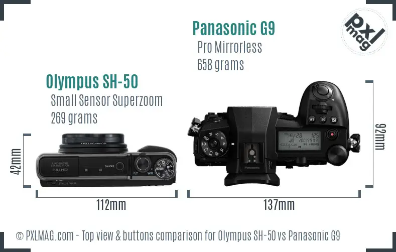 Olympus SH-50 vs Panasonic G9 top view buttons comparison