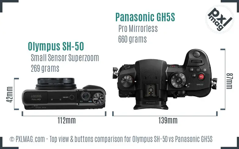 Olympus SH-50 vs Panasonic GH5S top view buttons comparison