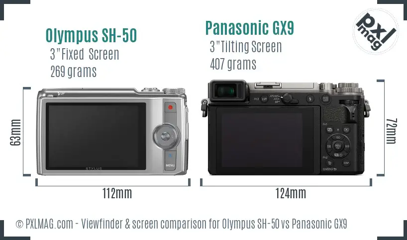 Olympus SH-50 vs Panasonic GX9 Screen and Viewfinder comparison