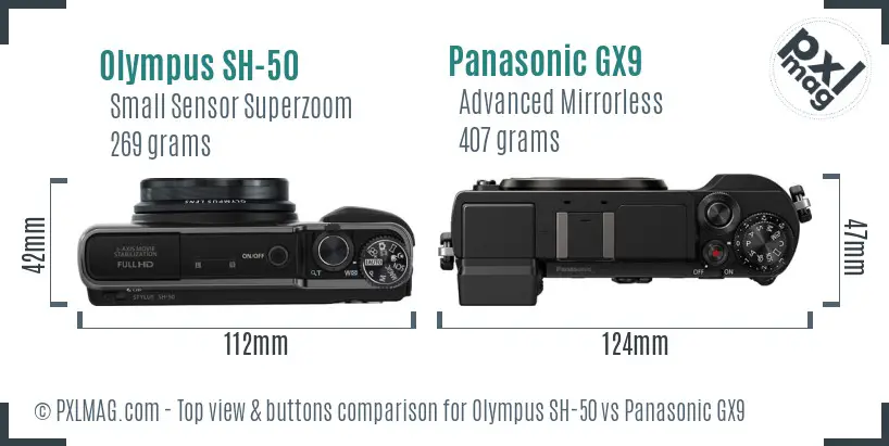 Olympus SH-50 vs Panasonic GX9 top view buttons comparison