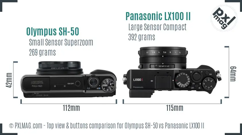 Olympus SH-50 vs Panasonic LX100 II top view buttons comparison