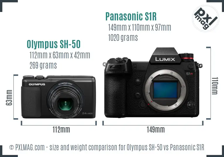 Olympus SH-50 vs Panasonic S1R size comparison