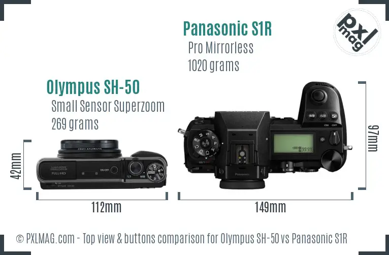 Olympus SH-50 vs Panasonic S1R top view buttons comparison