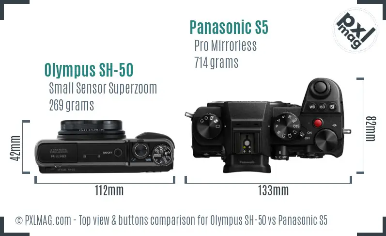 Olympus SH-50 vs Panasonic S5 top view buttons comparison