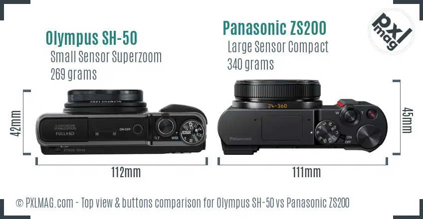 Olympus SH-50 vs Panasonic ZS200 top view buttons comparison