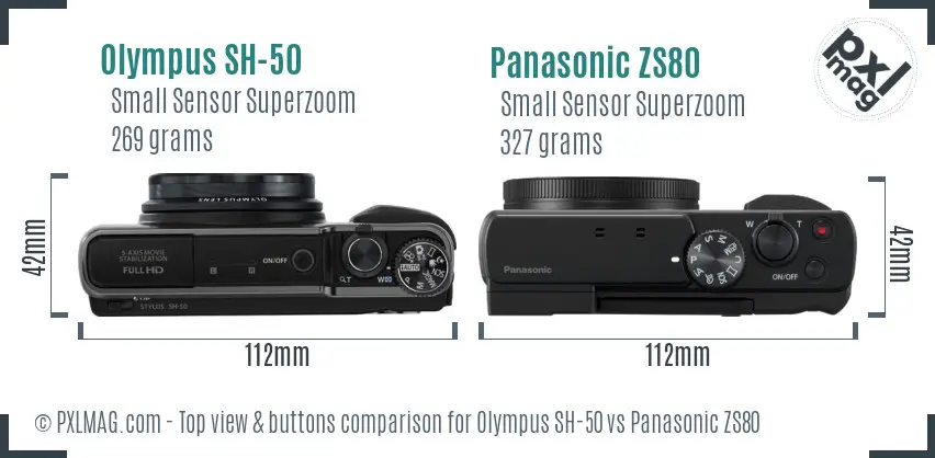 Olympus SH-50 vs Panasonic ZS80 top view buttons comparison