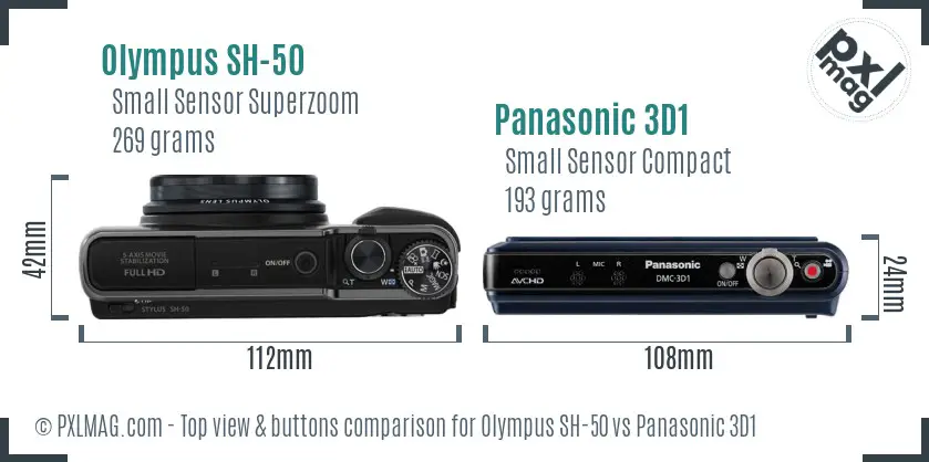Olympus SH-50 vs Panasonic 3D1 top view buttons comparison