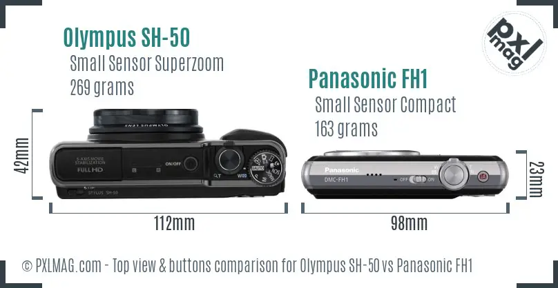 Olympus SH-50 vs Panasonic FH1 top view buttons comparison