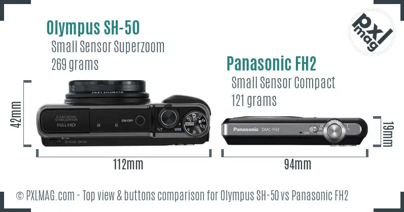 Olympus SH-50 vs Panasonic FH2 top view buttons comparison
