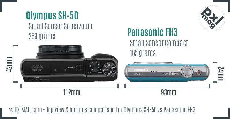 Olympus SH-50 vs Panasonic FH3 top view buttons comparison