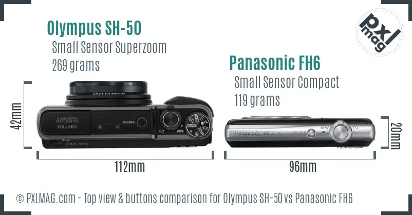 Olympus SH-50 vs Panasonic FH6 top view buttons comparison