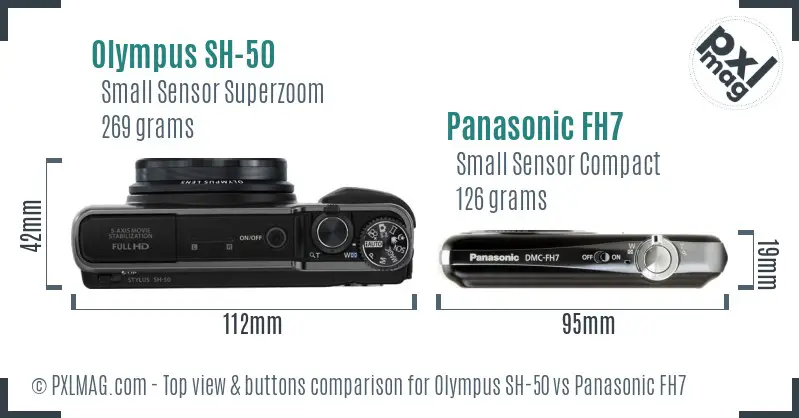 Olympus SH-50 vs Panasonic FH7 top view buttons comparison