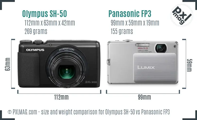Olympus SH-50 vs Panasonic FP3 size comparison